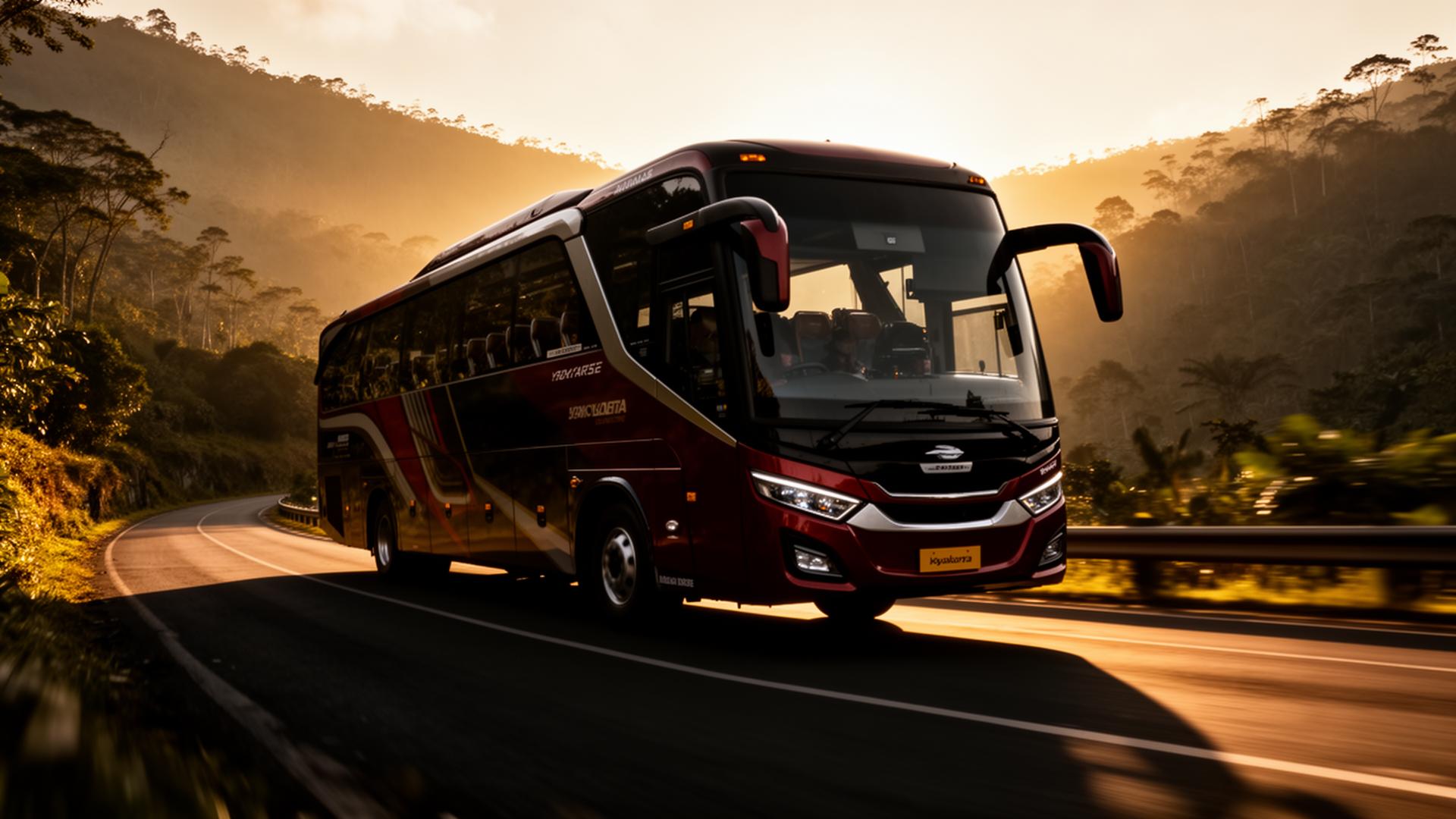 Bus pariwisata Ant Trans melintasi jalan pegunungan Yogyakarta saat sore hari